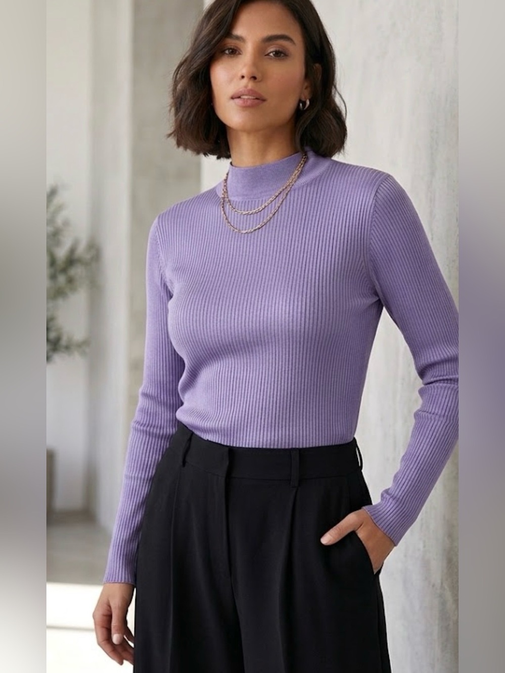 Joseph Lavender Ribbed Mock-Neck Long Sleeve Top Silk 100%